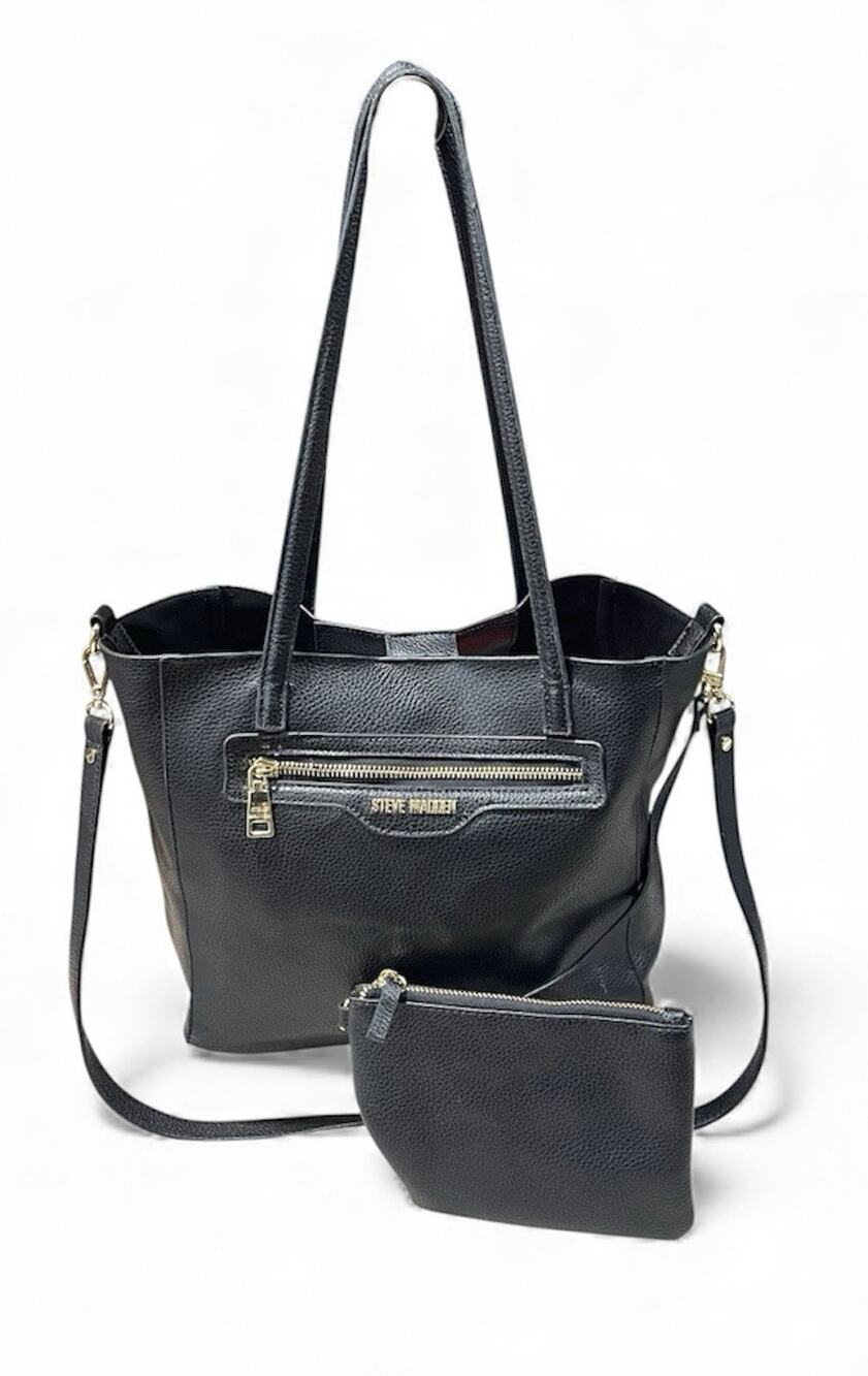 Steve Madden Black Leather Pebbled Tote + Matching Makeup Wristlet-Shoulder Bag